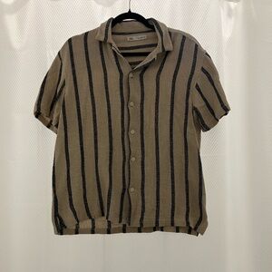 Zara Men's Casual Tan and Black Striped Shirt